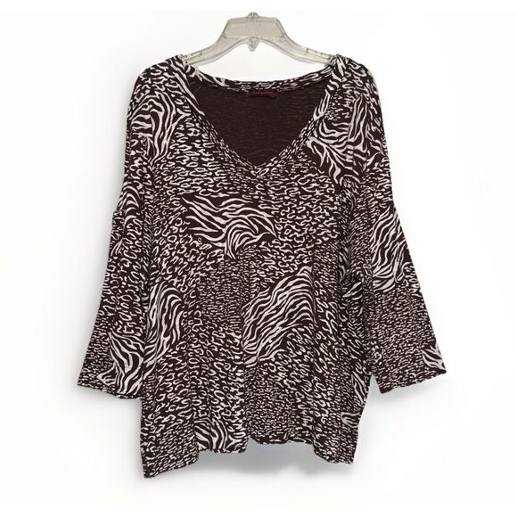 Fresh Produce Top 2X V Neck Relaxed Cotton Blouse 3/4 Sleeve Animal Print Art - Picture 1 of 12